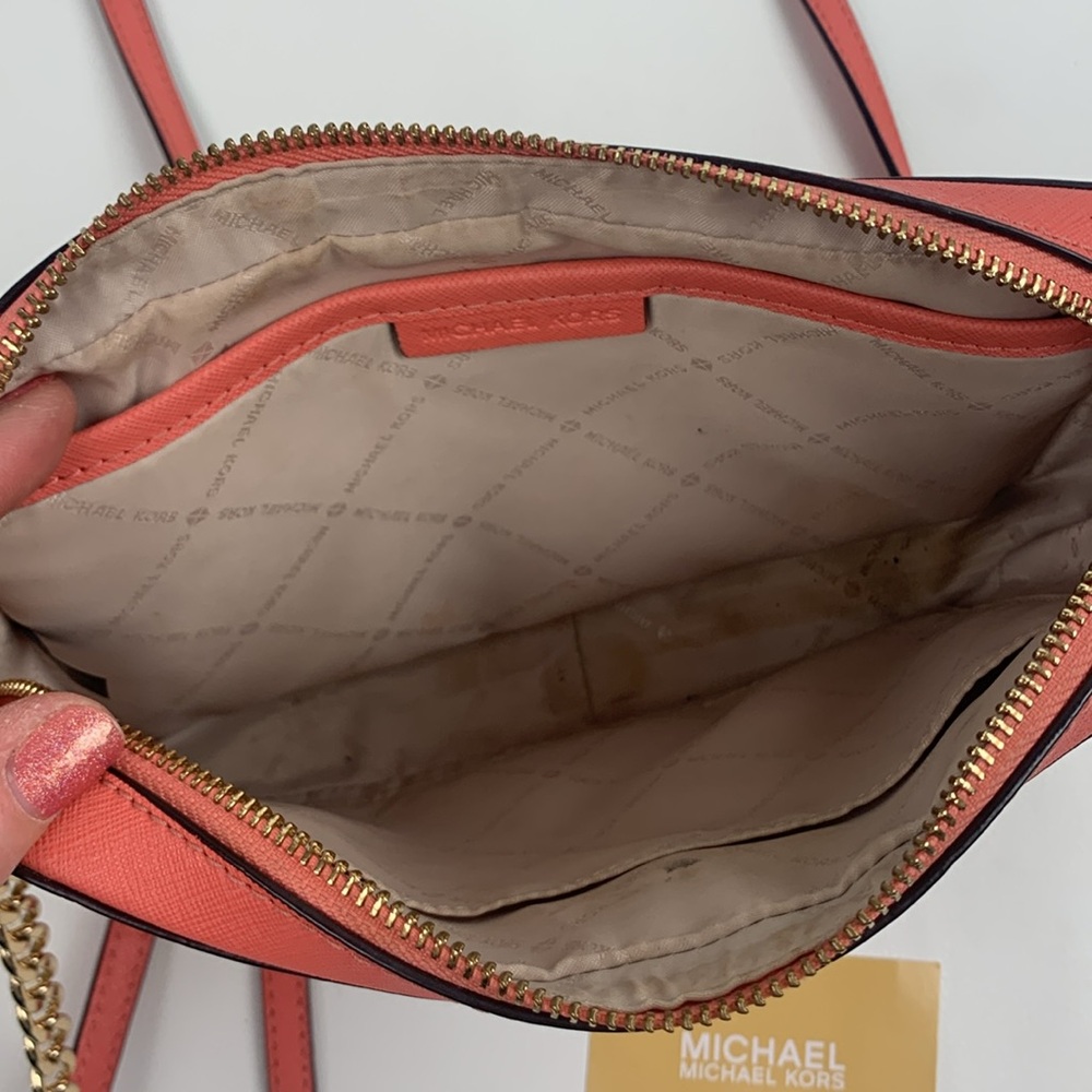 Michael Kors Pink Coral Crossbody Bag Gold chain strap Zip close MK shoulder bag - Picture 9 of 16